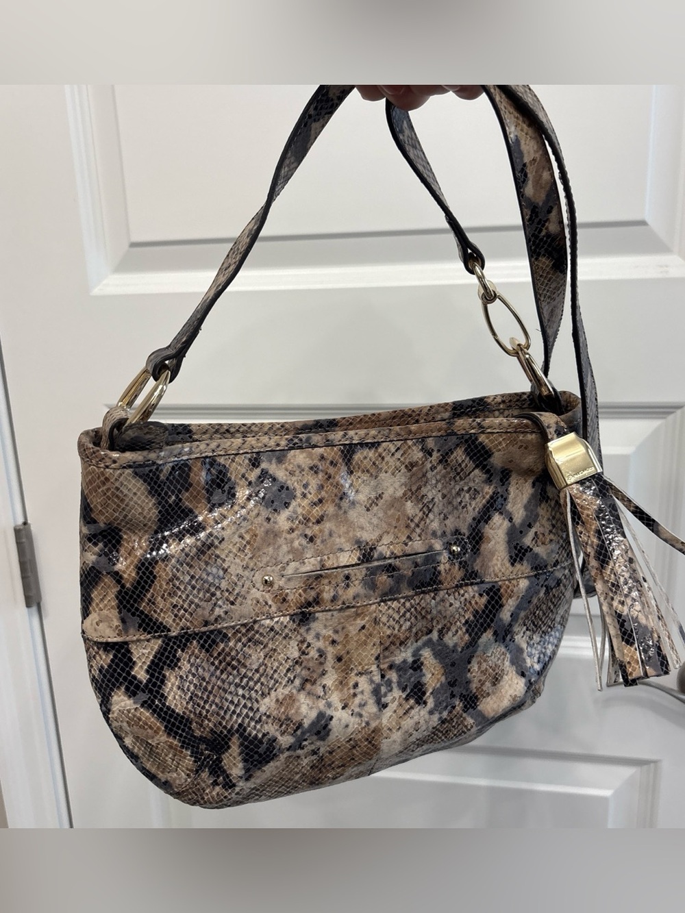 B.Makowsky Snake-Print Shoulder Bag in Brown Multi Leather